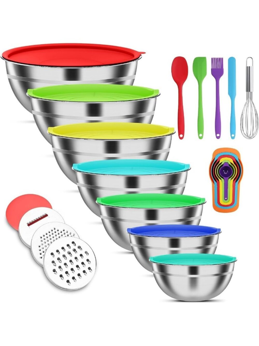 Colorful Stainless Steel Mixing Bowls Set with Lids & 3 Grater Attachments